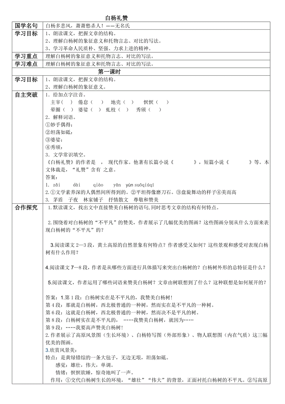 语文版九年级上《白杨礼赞》导学案_第1页