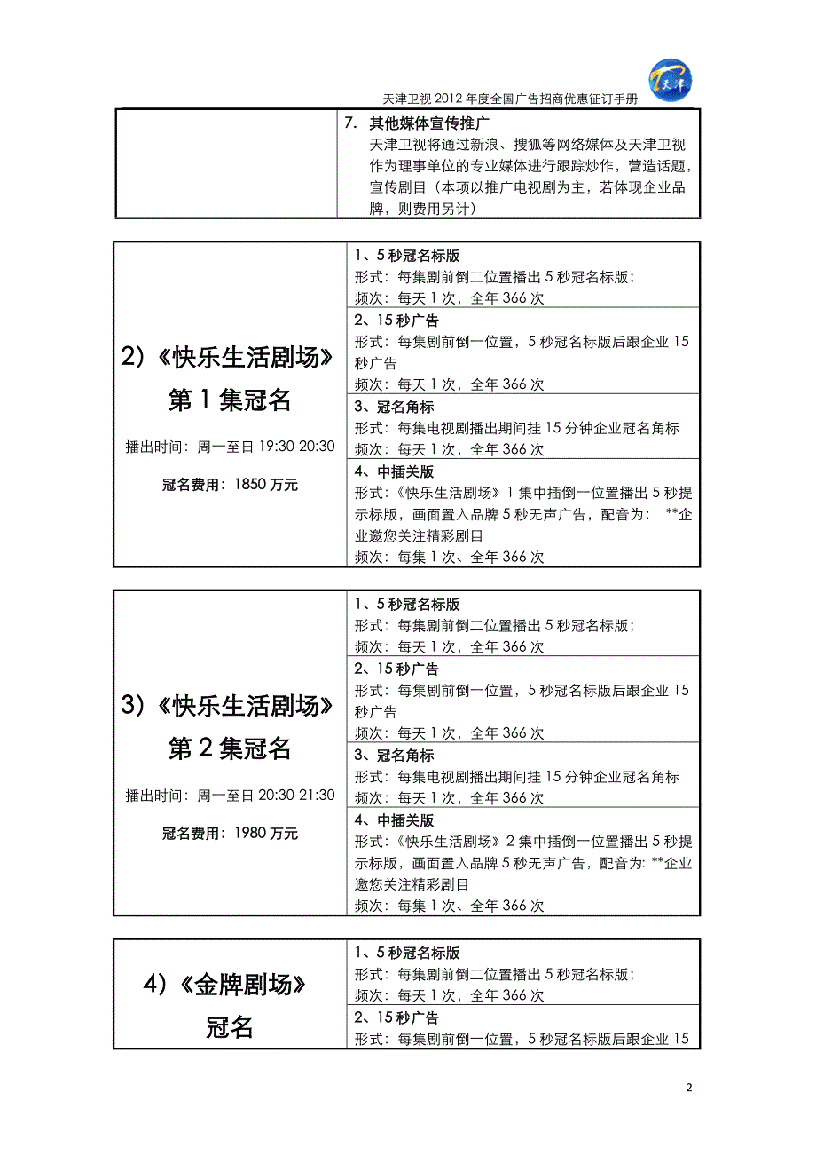 天津卫视2012年度全国广告招商优惠征订手册(最终稿)_第2页