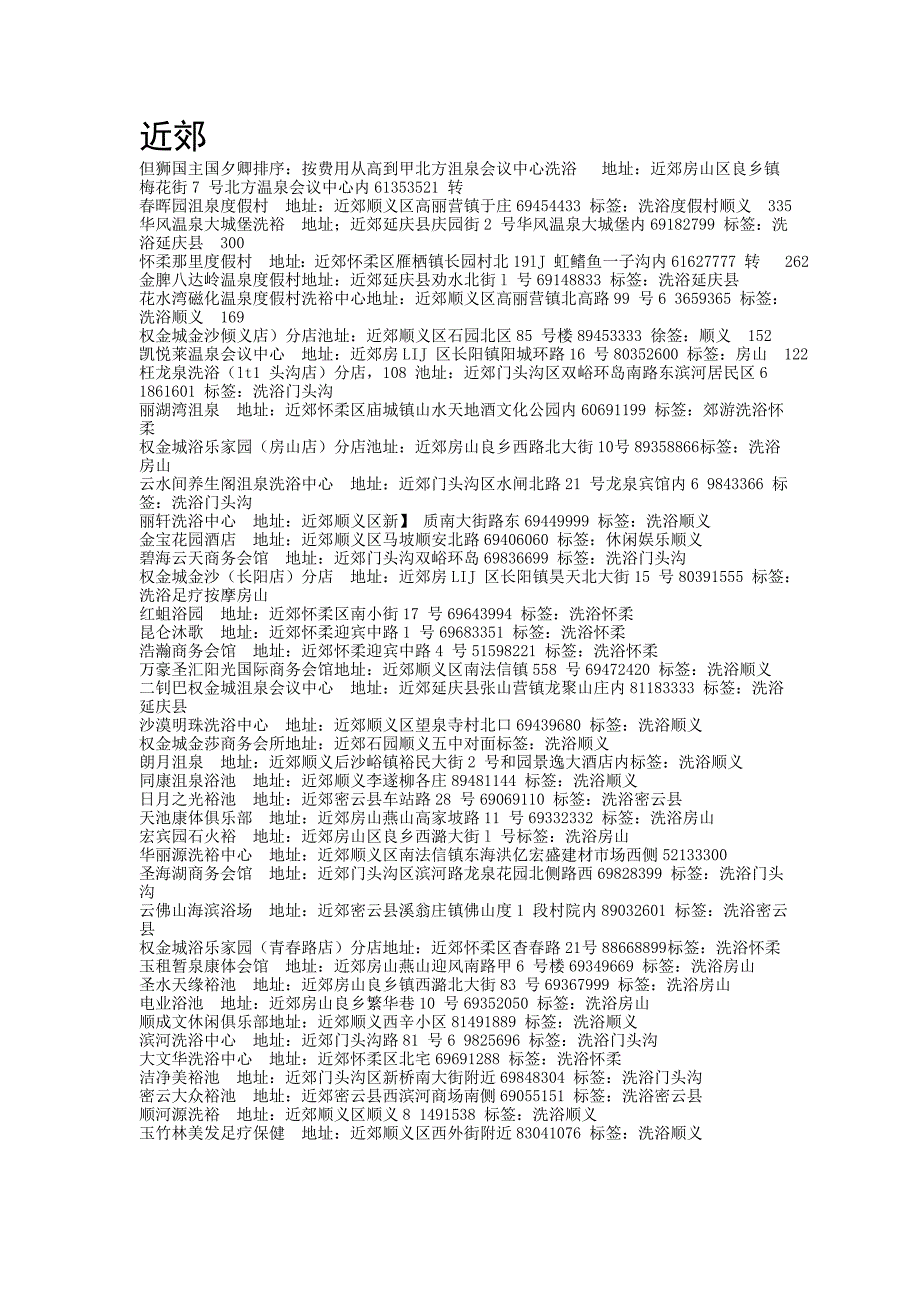北京近郊区洗浴网点汇总表_第1页