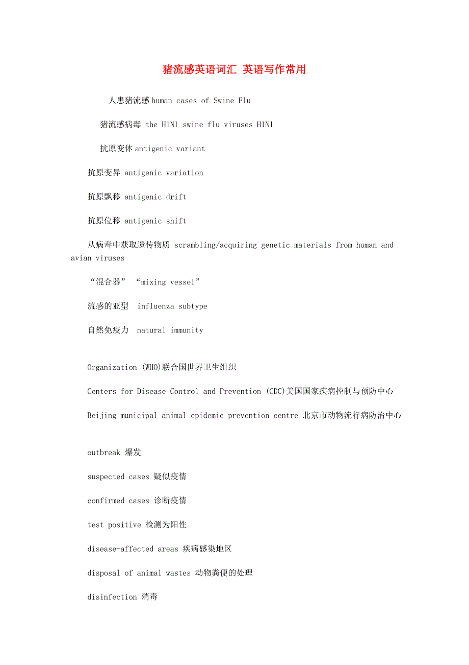 猪流感英语词汇 英语写作常用_第1页