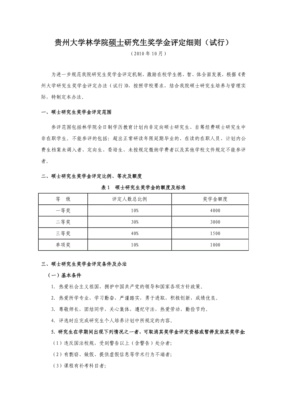 贵州大学林学院研究生奖学金评定细则(试行)--硕士及博士--含申请表_第1页