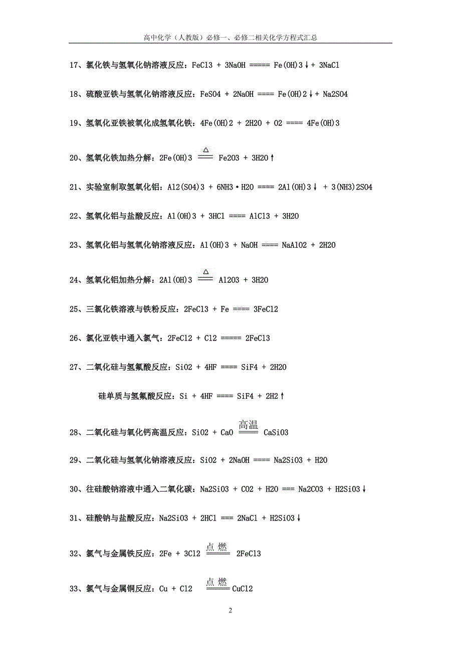 高中化学必修一、必修二方程式汇总_第2页