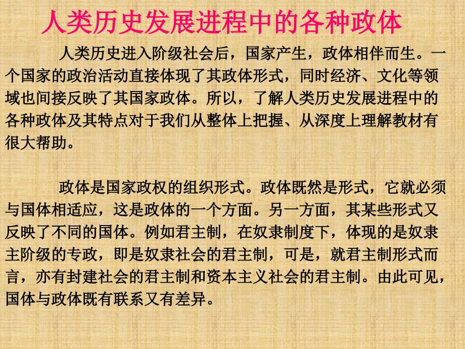人教版历史必修一复习 人类历史发展进程中的各种政体(古今中外政体探究)_第1页