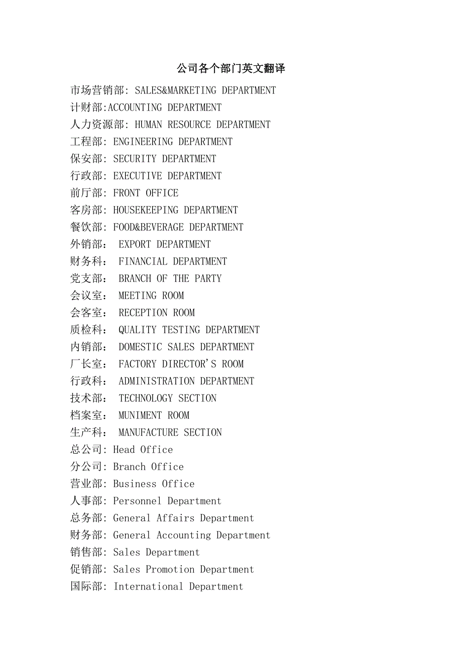 公司各个部门英文翻译_第1页