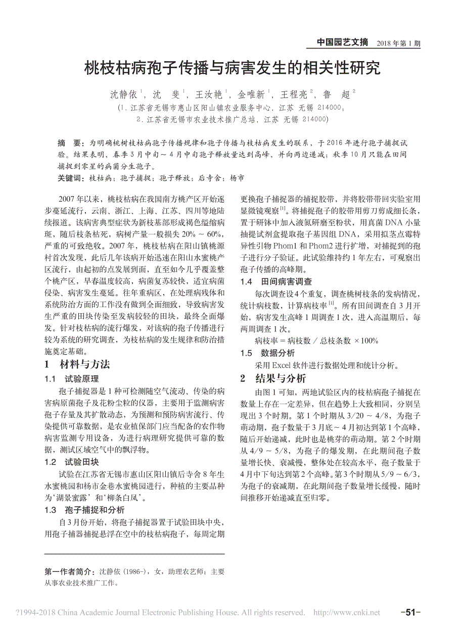 桃枝枯病孢子传播与病害发生的相关性研究_第1页