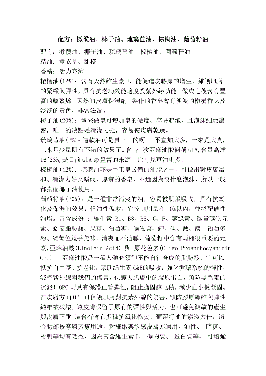 配方：橄榄油、椰子油、琉璃苣油、棕榈油、葡萄籽油_第1页