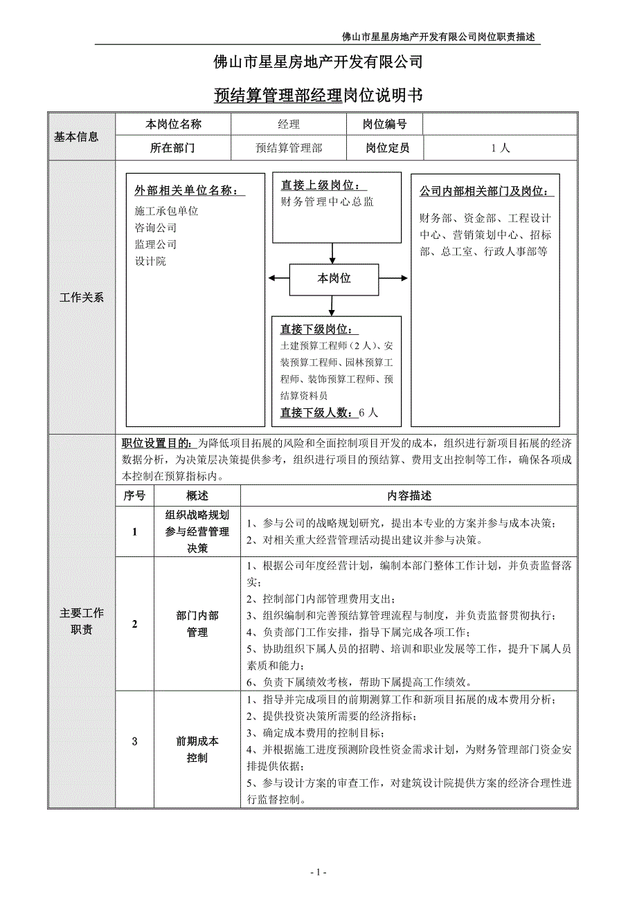 岗位说明书——预结算管理部经理_第1页