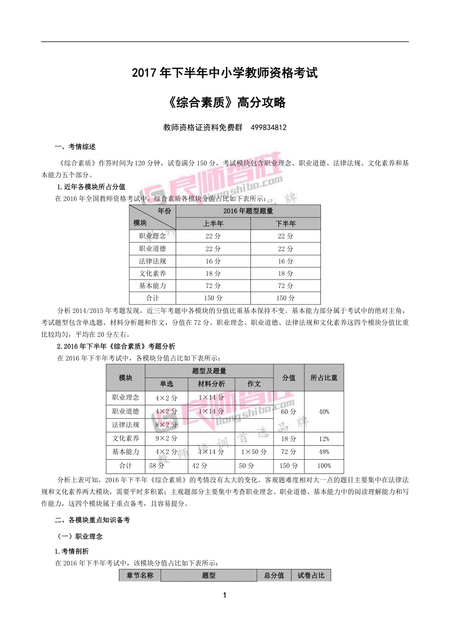 2017年下半年全国教师资格笔试高分攻略(综合素质)_第1页