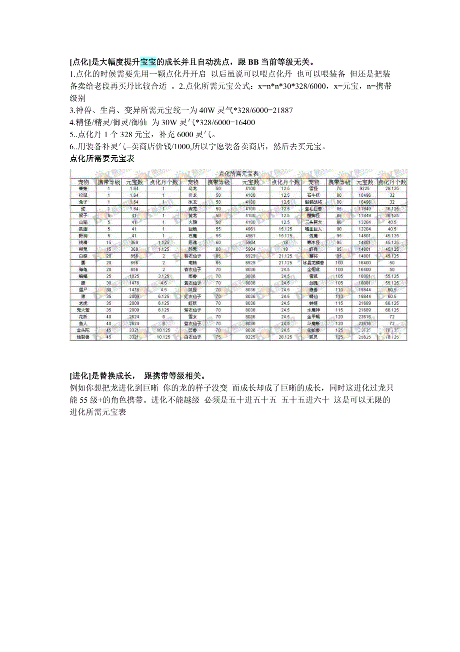 问道宝宝点化与进化,所需要元宝计算表_第1页