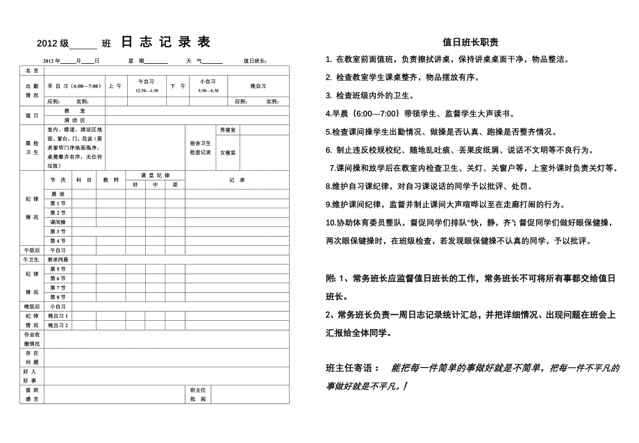 12级班级日志记录表_第1页