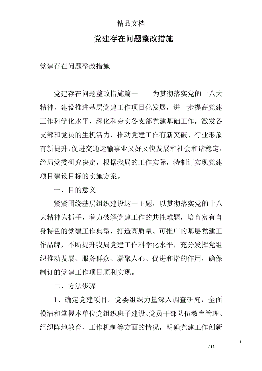 党建存在问题整改措施 精选_第1页