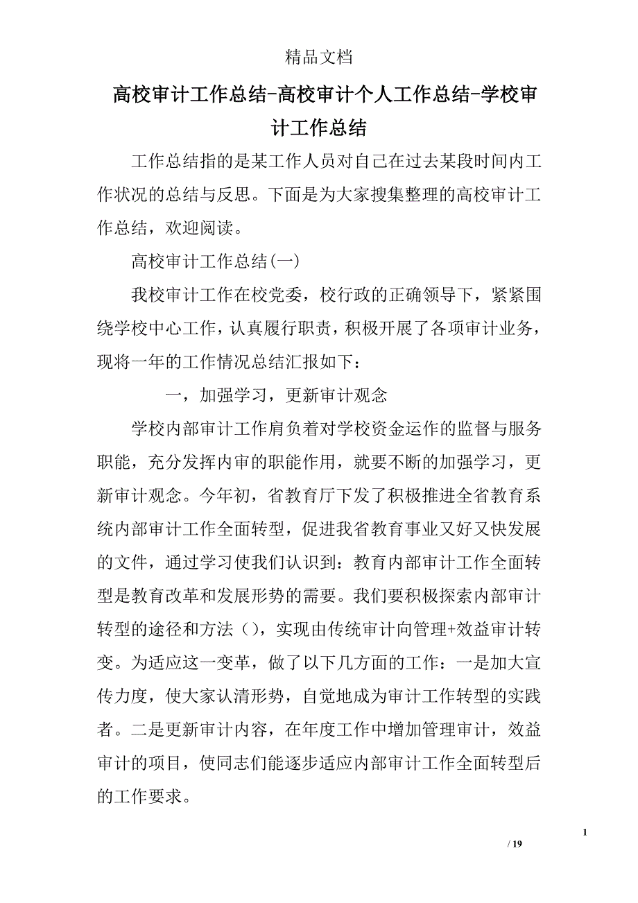 高校审计工作总结高校审计个人工作总结学校审计工作总结_第1页