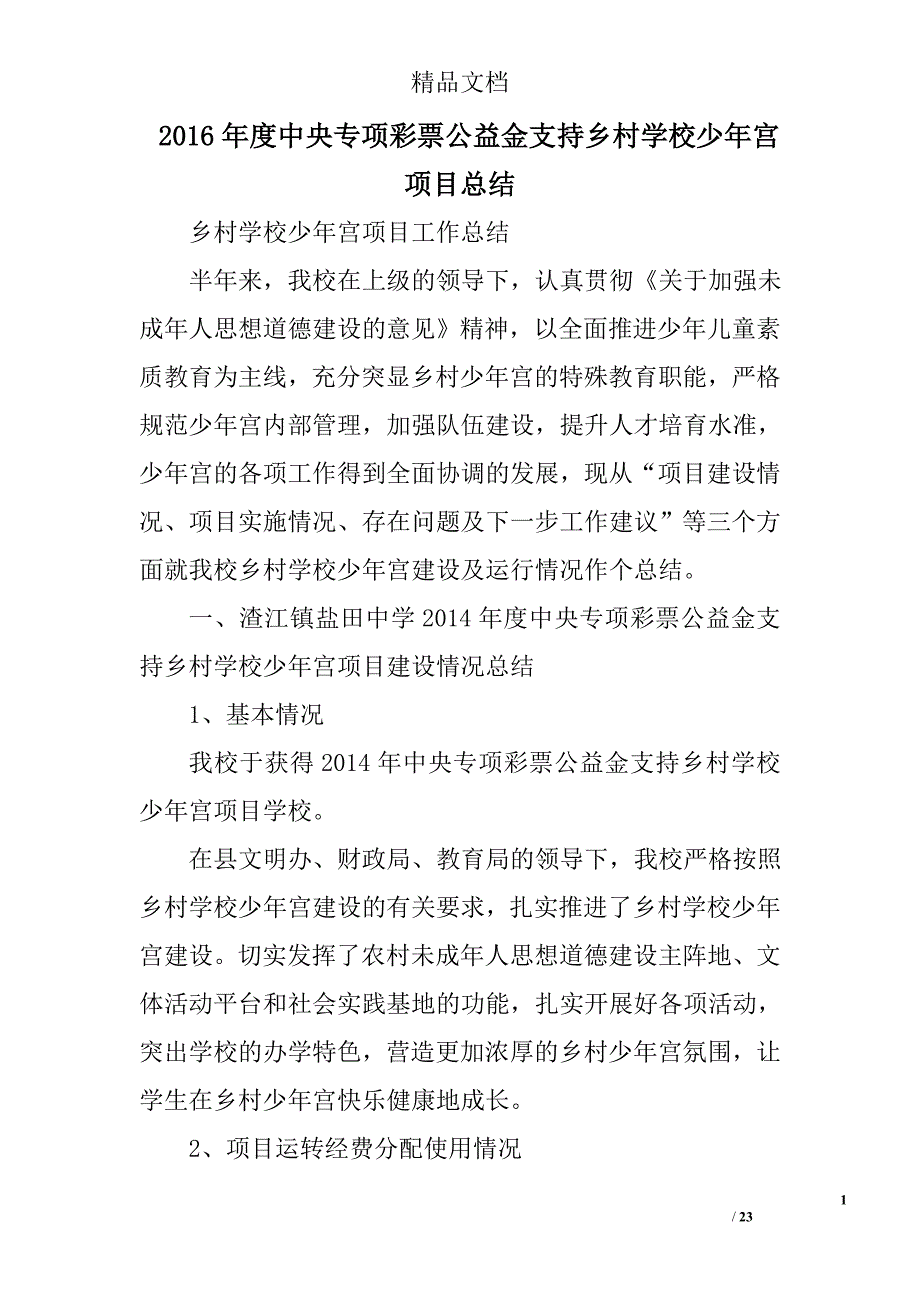 2016年度中央专项彩票公益金支持乡村学校少年宫项目总结精选 _第1页