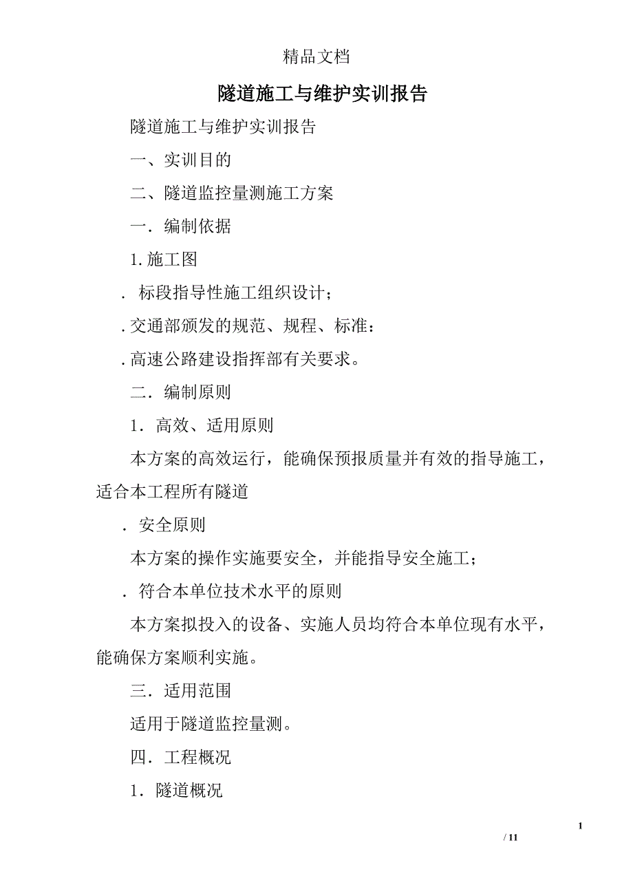 隧道施工与维护实训报告精选_第1页