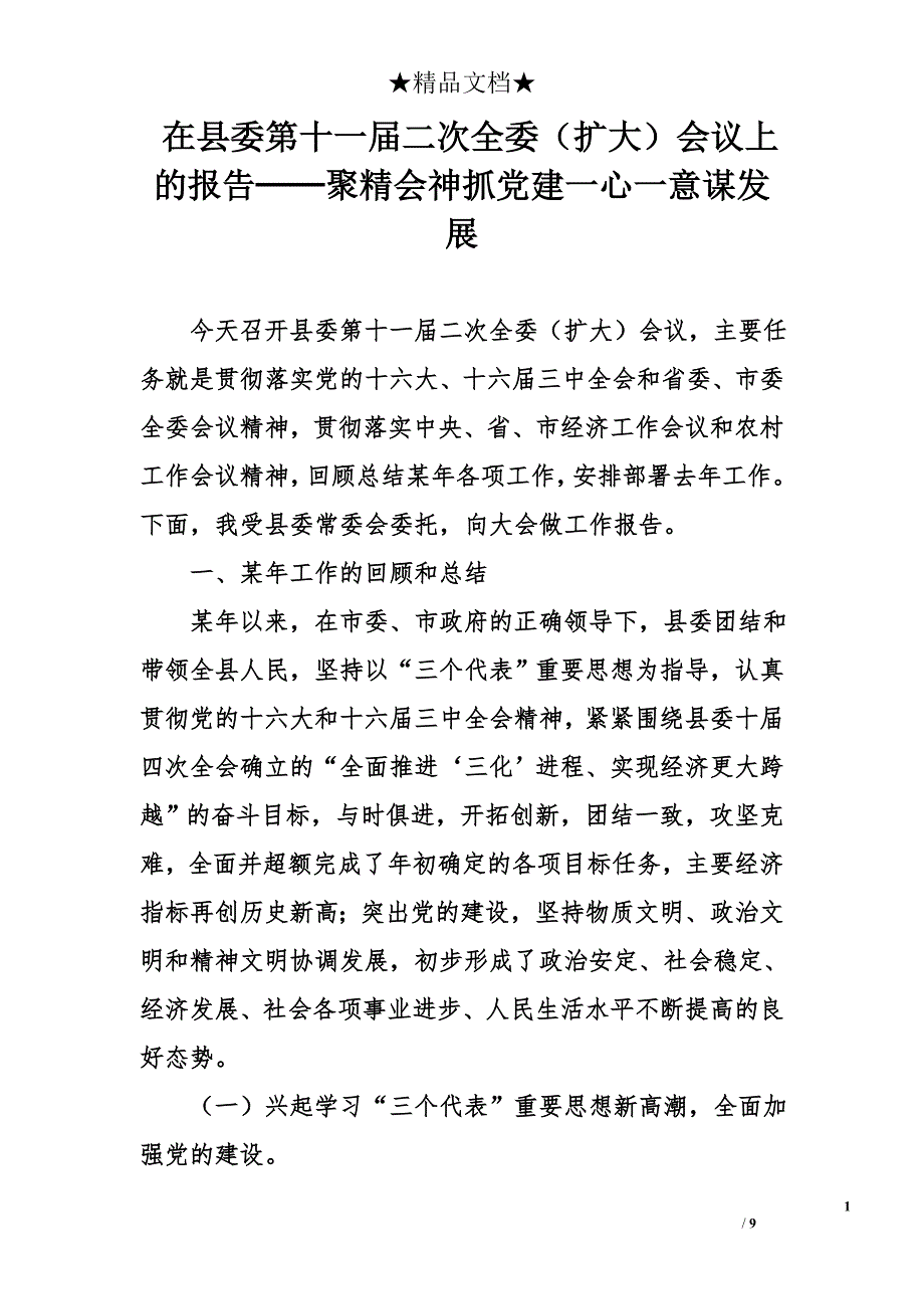 在县委第十一届二次全委（扩大）会议上的报告──聚精会神抓党建一心一意谋发展_第1页