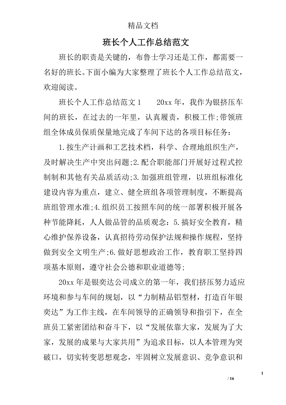 班长个人工作总结范文_第1页