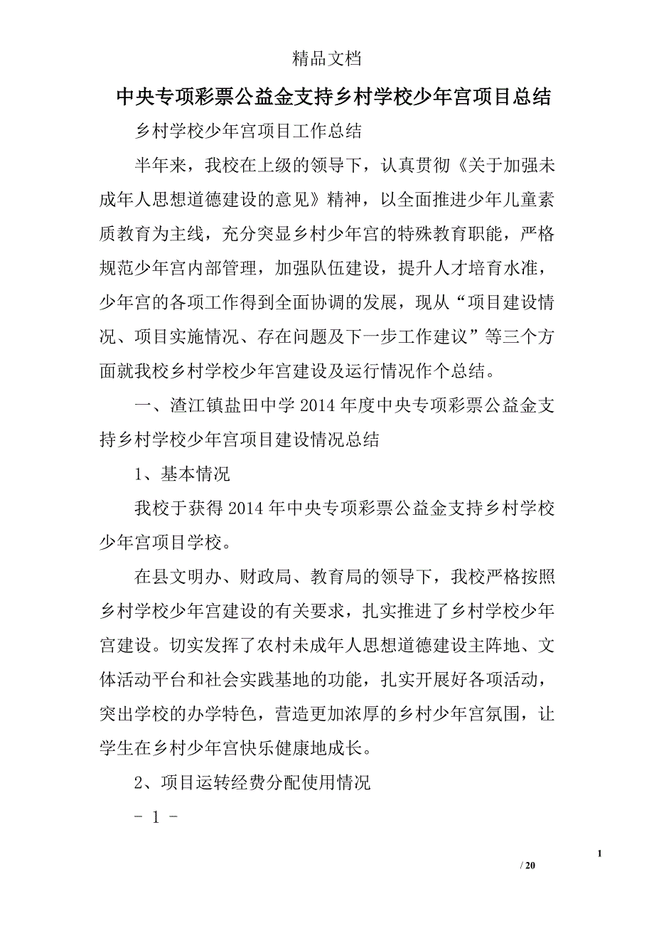 中央专项彩票公益金支持乡村学校少年宫项目总结精选 _第1页