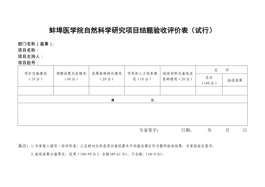 蚌埠医学院自然科学研究项目结题验收评价表（试行）_第1页