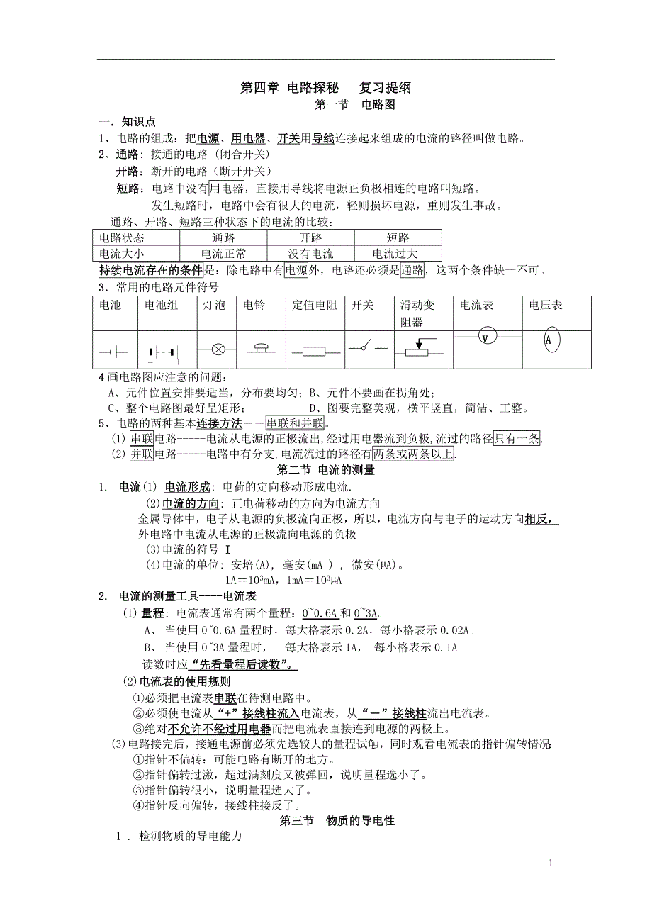 八年级(上)《科学》第四章 电路探秘 复习提纲_第1页