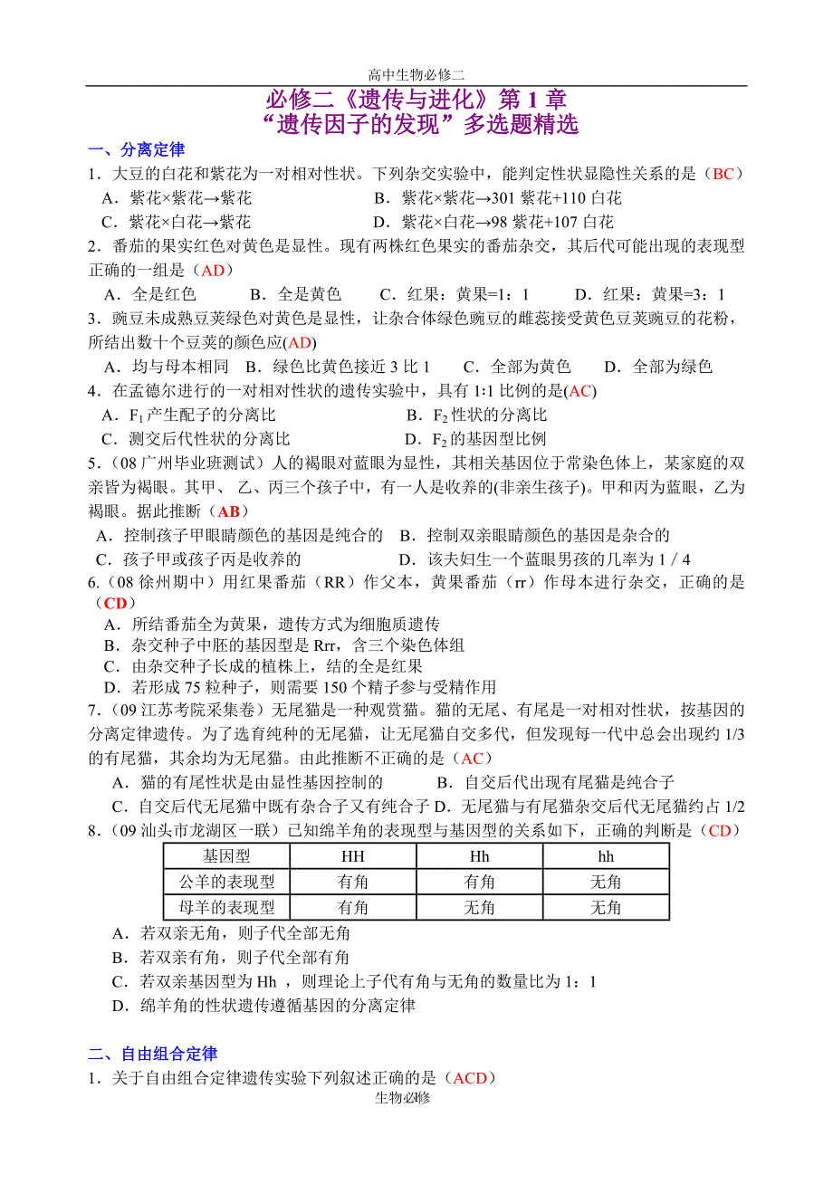 人教版试题试卷必修二《遗传与进化》第1章“遗传因子的发现”多选题精选_第1页