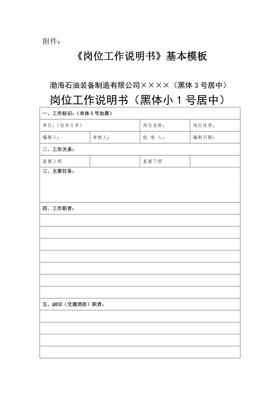 《岗位工作说明书》渤海装备模板_第1页