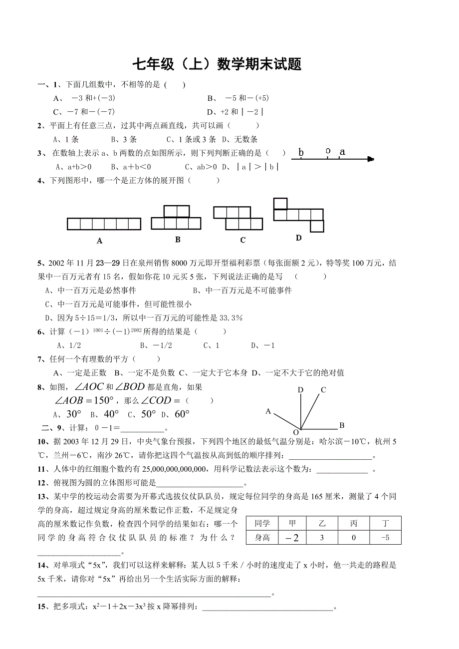 七年级第一学期期末考试数学测试题附答案_第1页