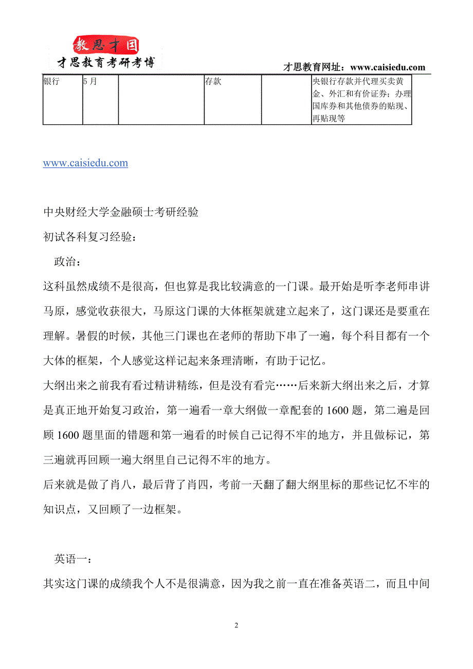 2015年中央财经大学金融硕士考研经验分析@才思_第2页