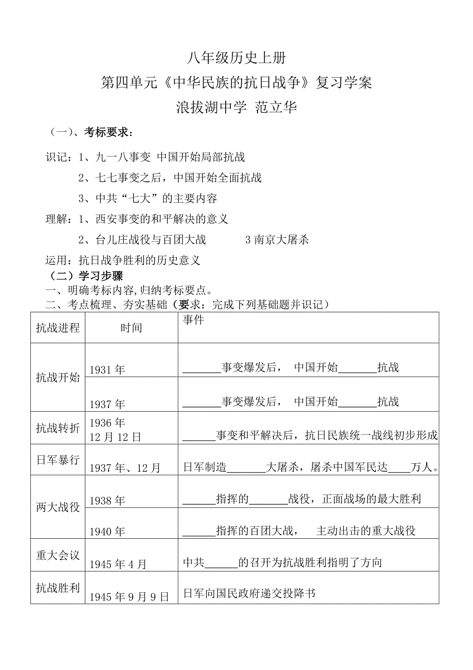 中华民族的抗日战争 复习学案、教案(范立华)_第1页