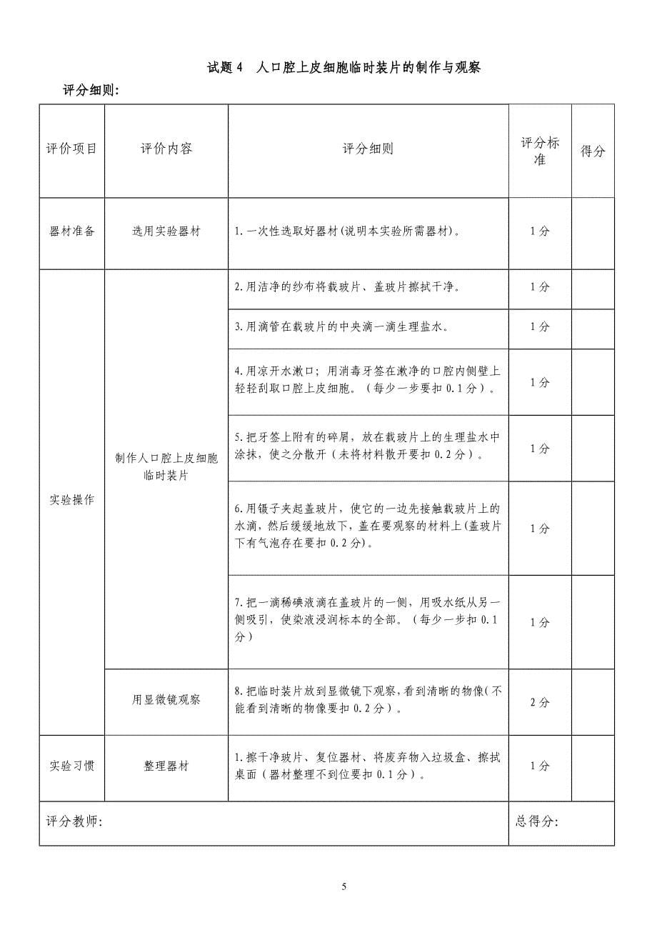 生物实验操作技能检测试题及评分标准_第5页