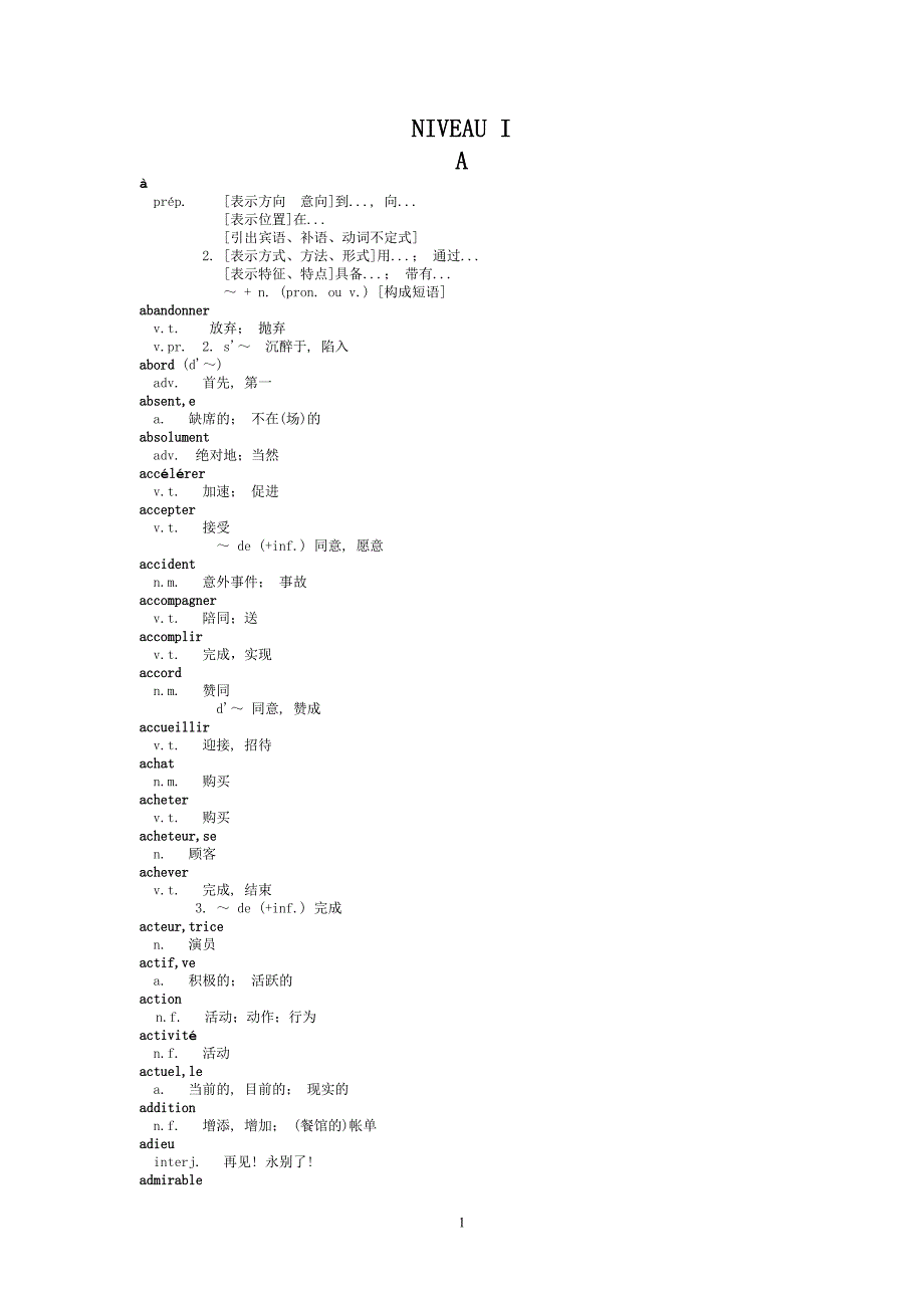 大学法语的参考资料-词汇表NIVEAU I_第1页