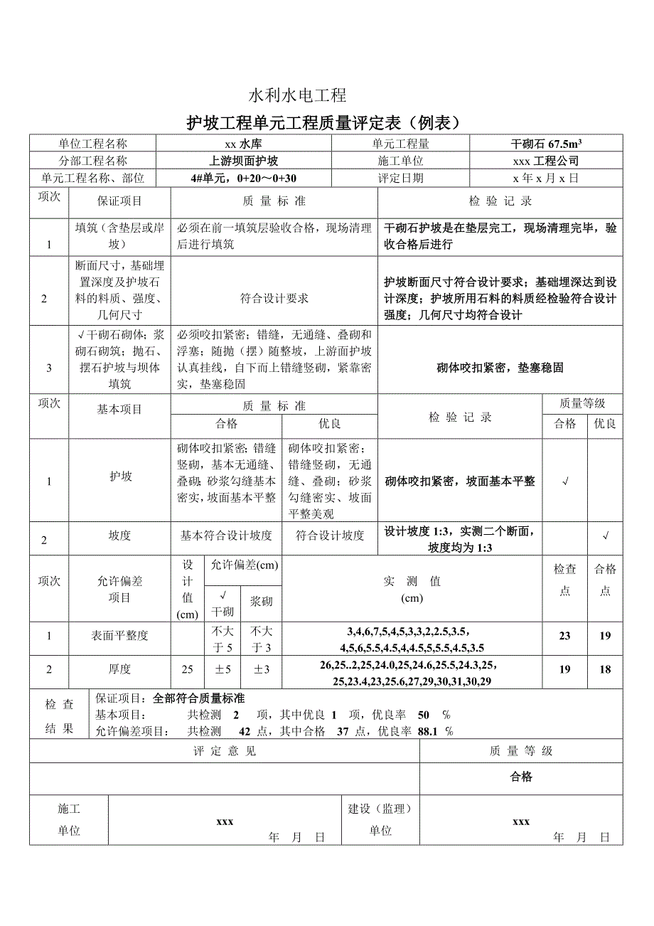 水利水电工程护坡工程工程质量评定表(例表)_第1页