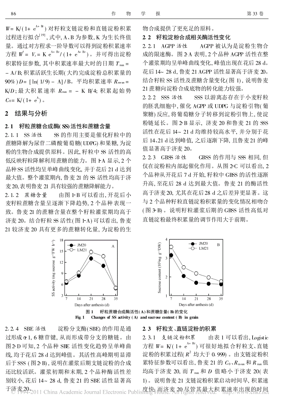 两个直链淀粉含量不同的小麦品种籽_省略_粉合成酶活性与淀粉积累特征的比较_闫素辉_第3页