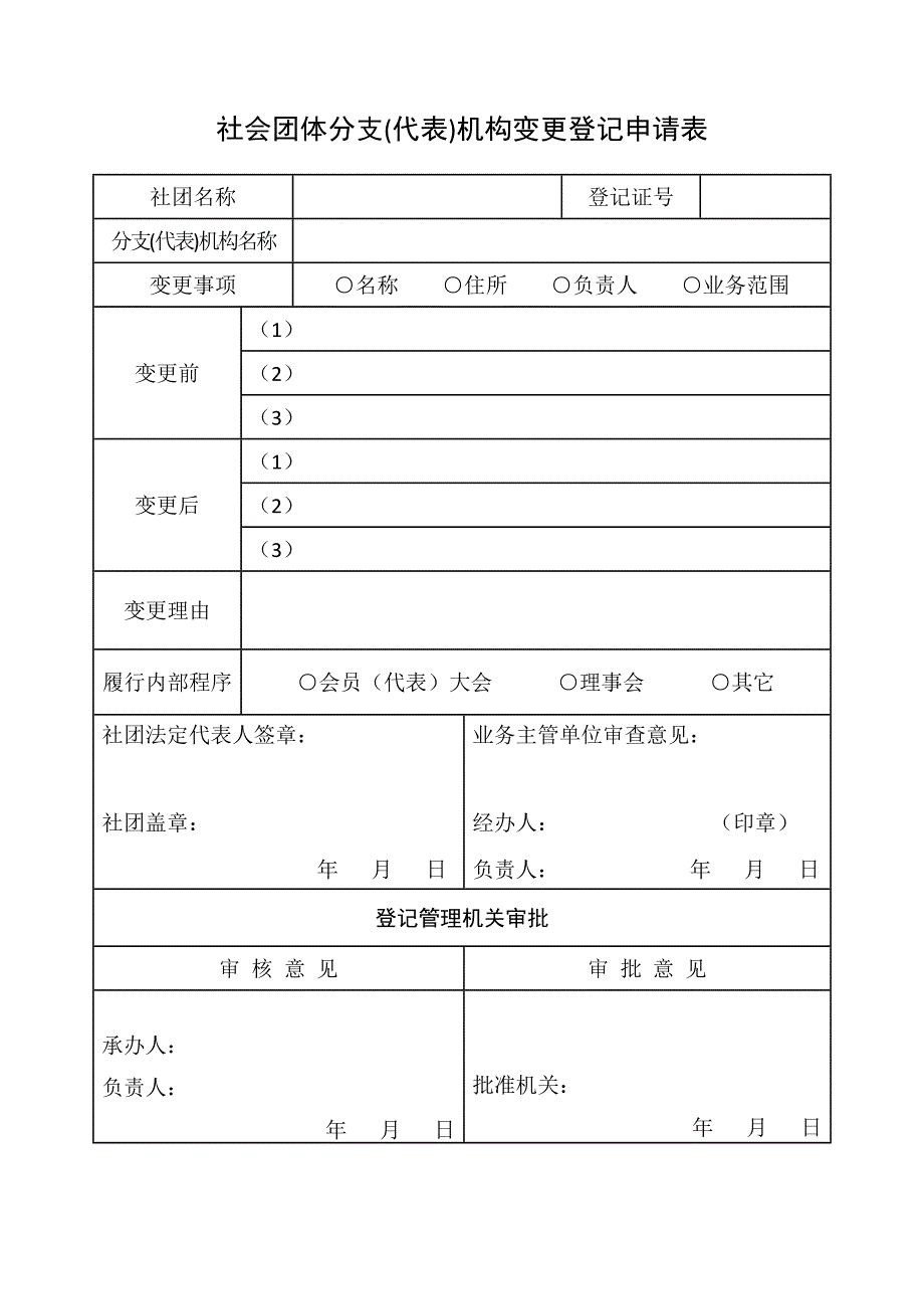 社会团体分支（代表）机构变更登记申请表_第1页