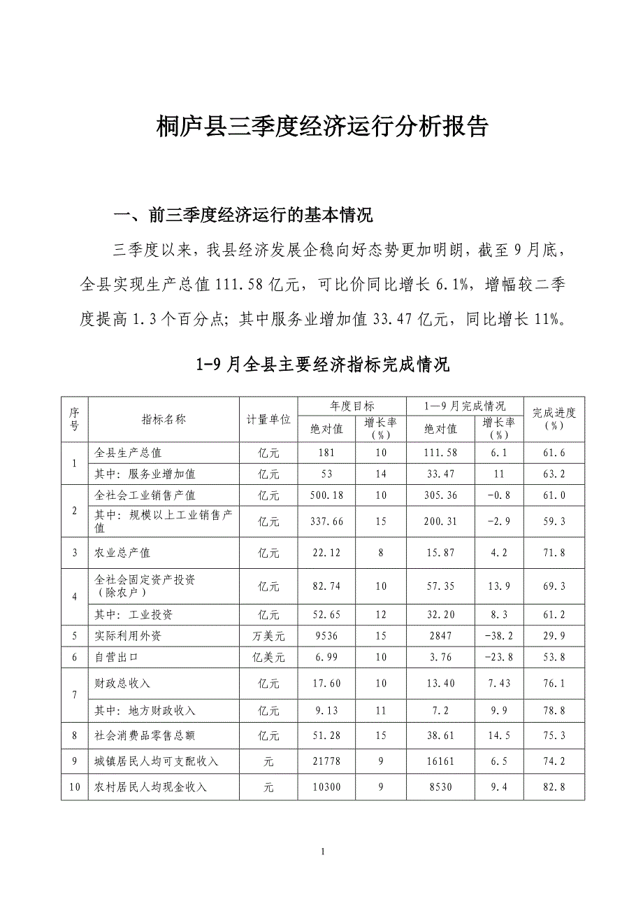 桐庐县三季度经济运行分析报告_第1页