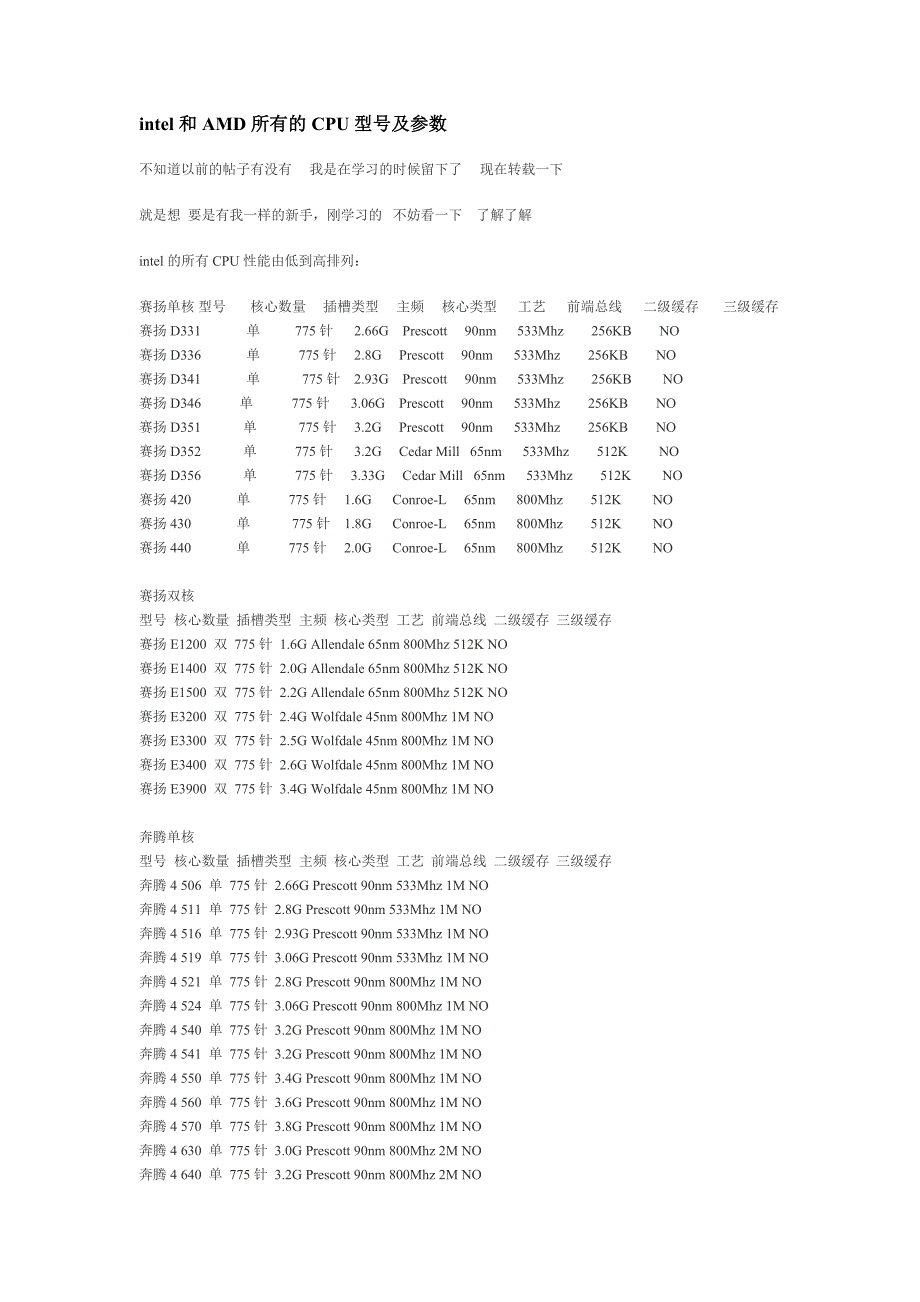 intel和AMD所有的CPU型号及参数_第1页