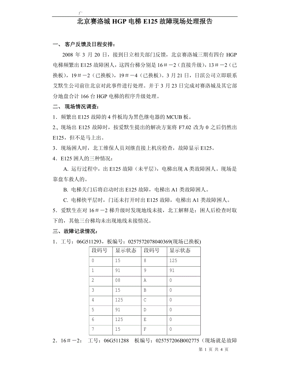 hgp电梯e125故障现场处理报告-hsh_第1页