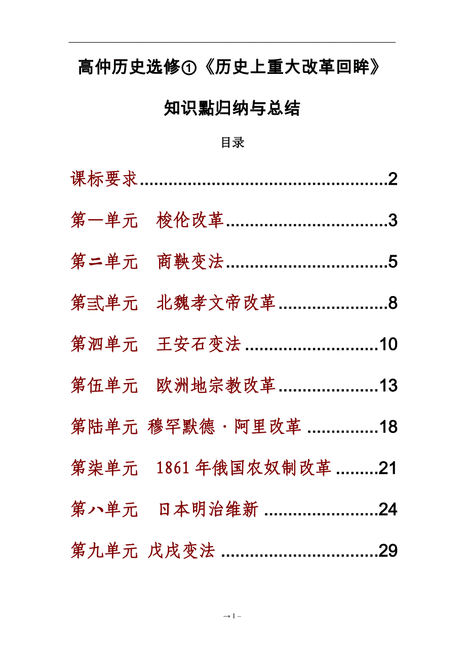 高中历史选修一《历史上重大改回眸》知识点归纳与总结-_第1页