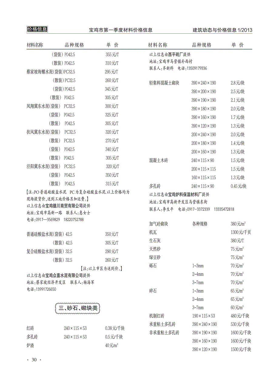 宝鸡市2013年第一季度材料价格信息_第4页