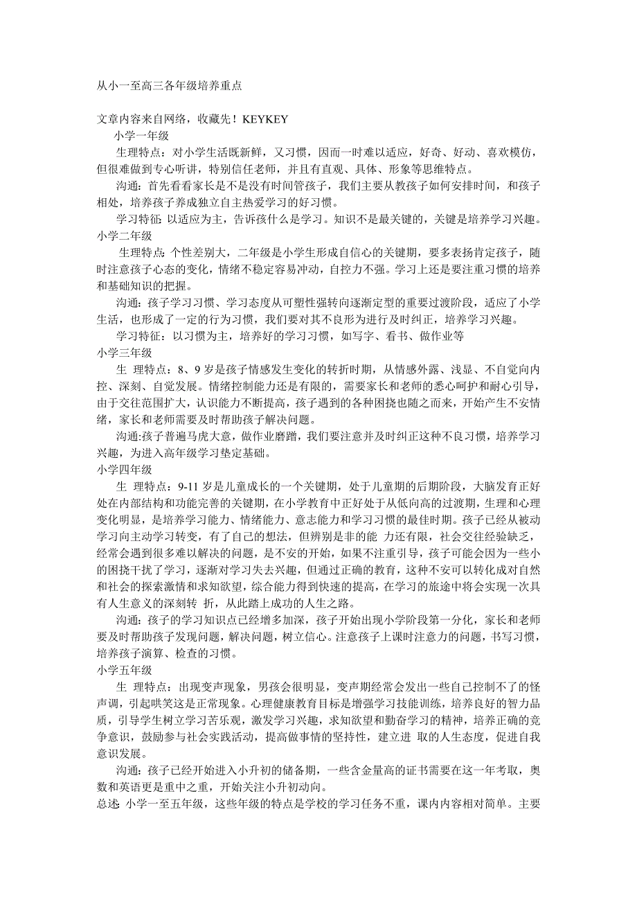 从小一至高三各年级培养重点_第1页