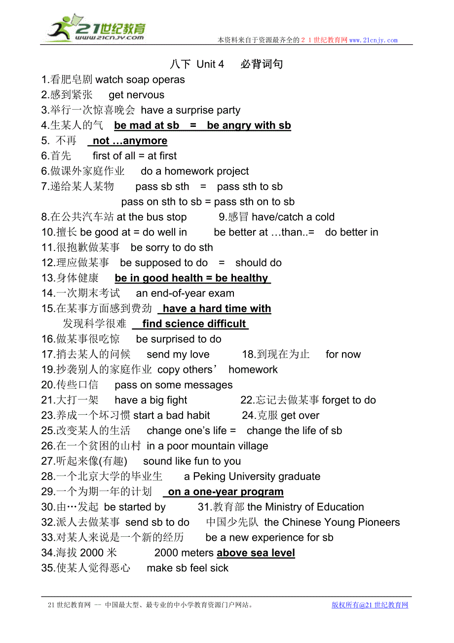 八(下)unit 4 单元必背词句_第1页