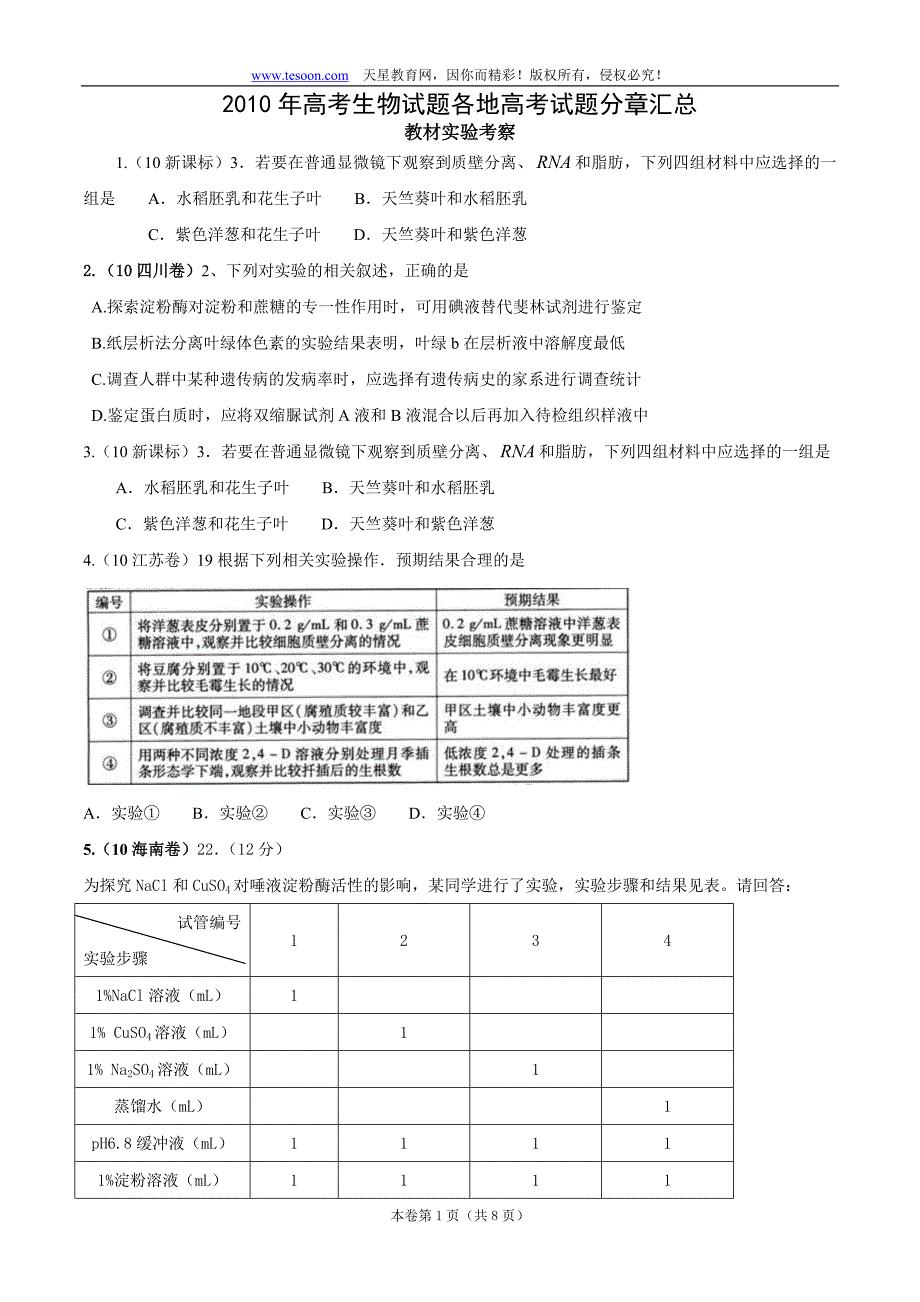 高考生物试题各地高考试题分汇总实验与探究(带详细解析)_第1页