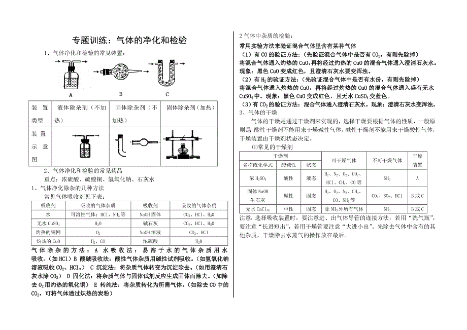 专题训练：气体的净化和检验_第1页