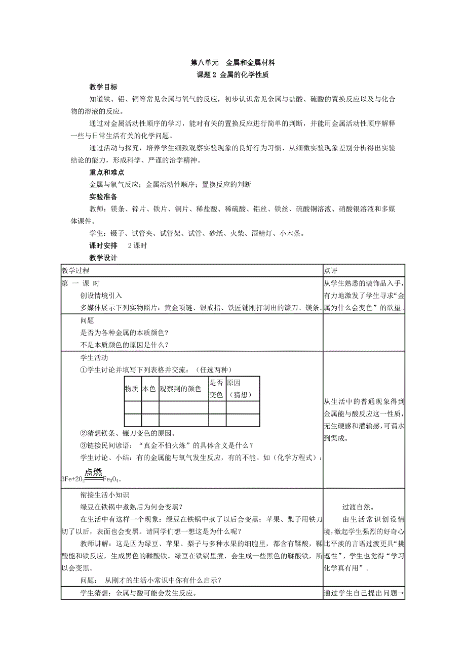 2017春人教版化学九年级下册第八单元课题2《金属的化学性质》教案_第1页