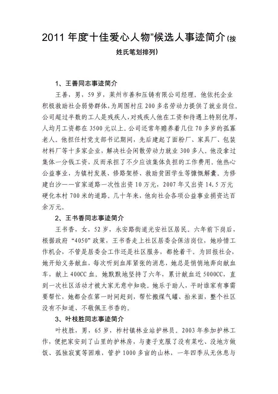 十佳爱心人物候选人事迹简介（按姓氏笔划排列_第1页