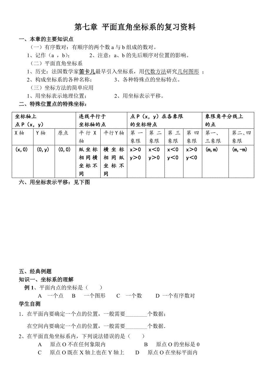 2017春人教版数学七下第七章《平面直角坐标系》word知识点归纳及典型例题_第1页