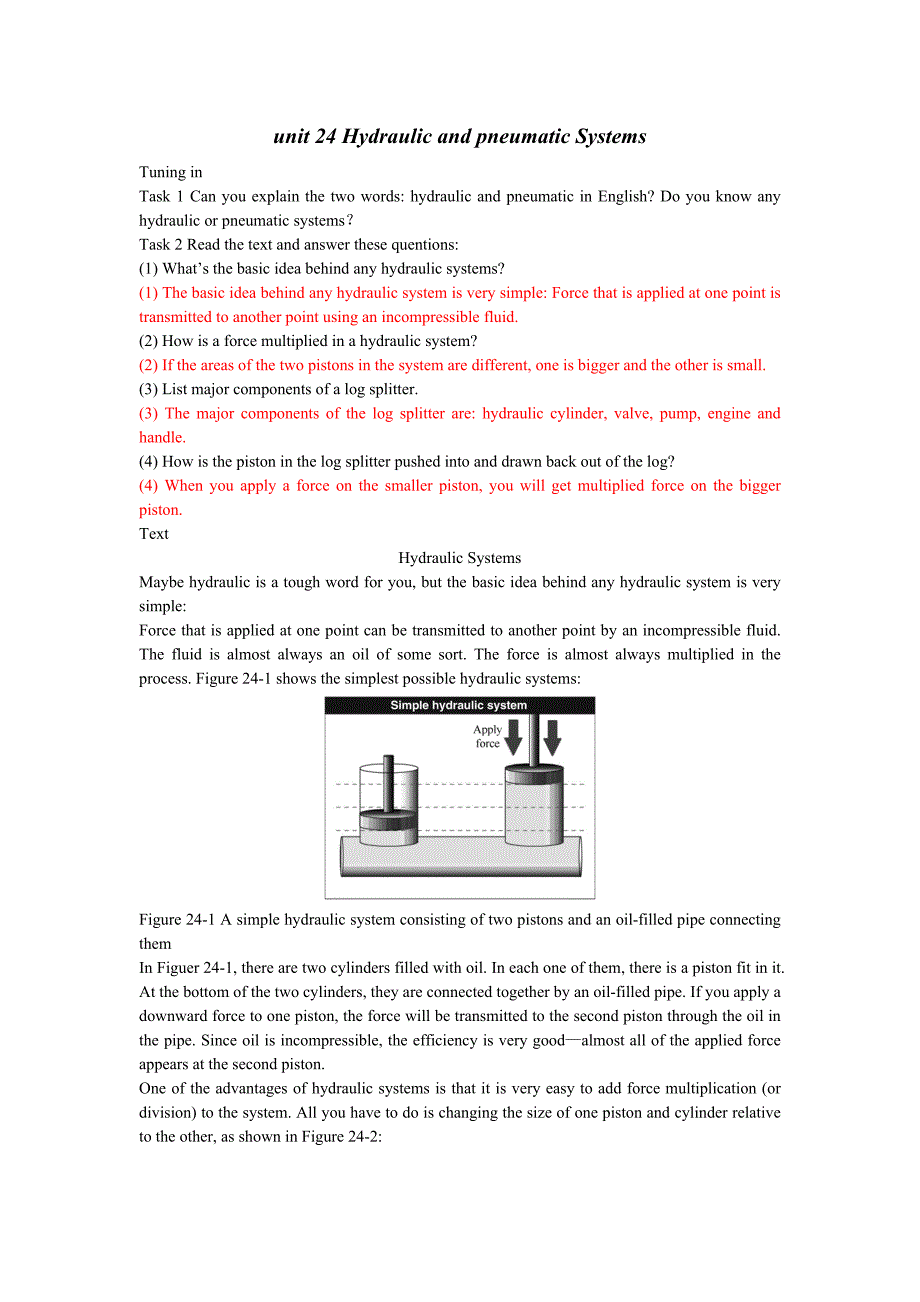 机械类专业英语课程 unit 24 Hydraulic and pneumatic Systems_第1页
