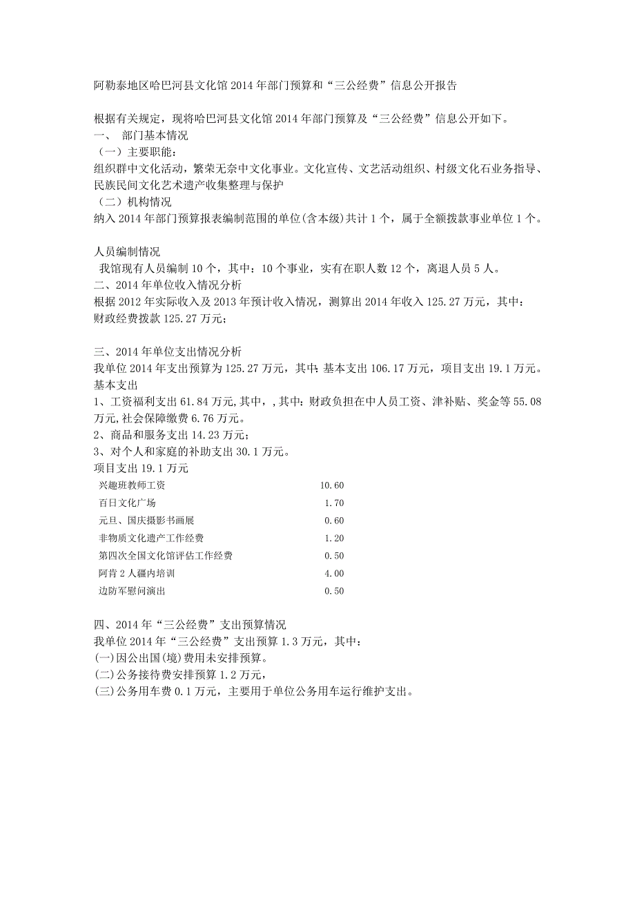 阿勒泰地区哈巴河县文化馆2014年部门预算和三公经费信_第1页