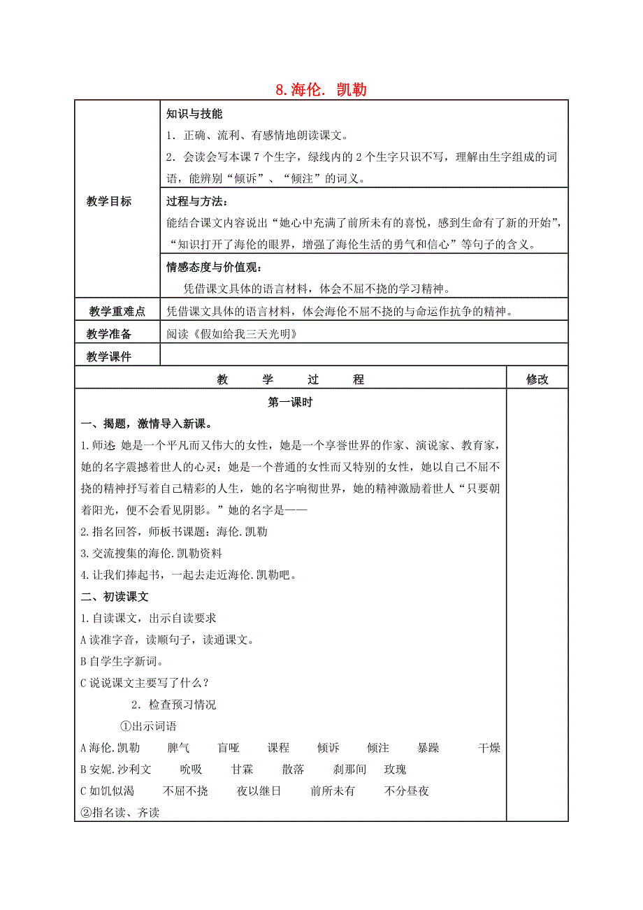 苏教版五年级下册《海伦·凯勒》教学设计2_第1页