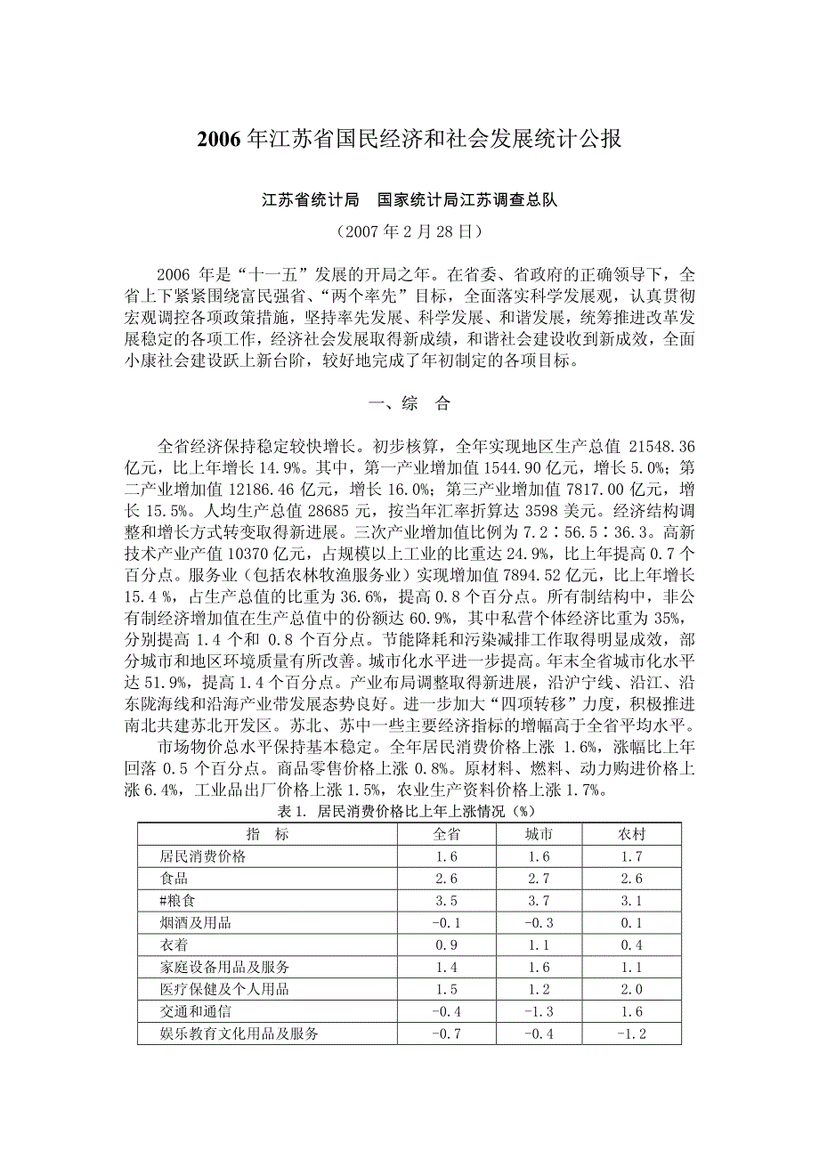 2006年江苏省国民经济和社会发展统计公报_第1页