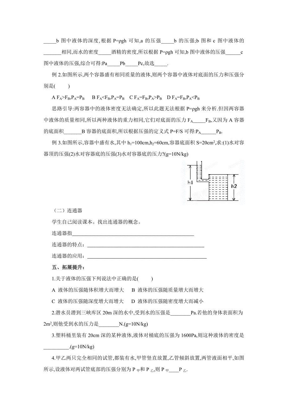 2017春人教版物理八年级下册第九章第二节《液体的压强》word学案_第5页